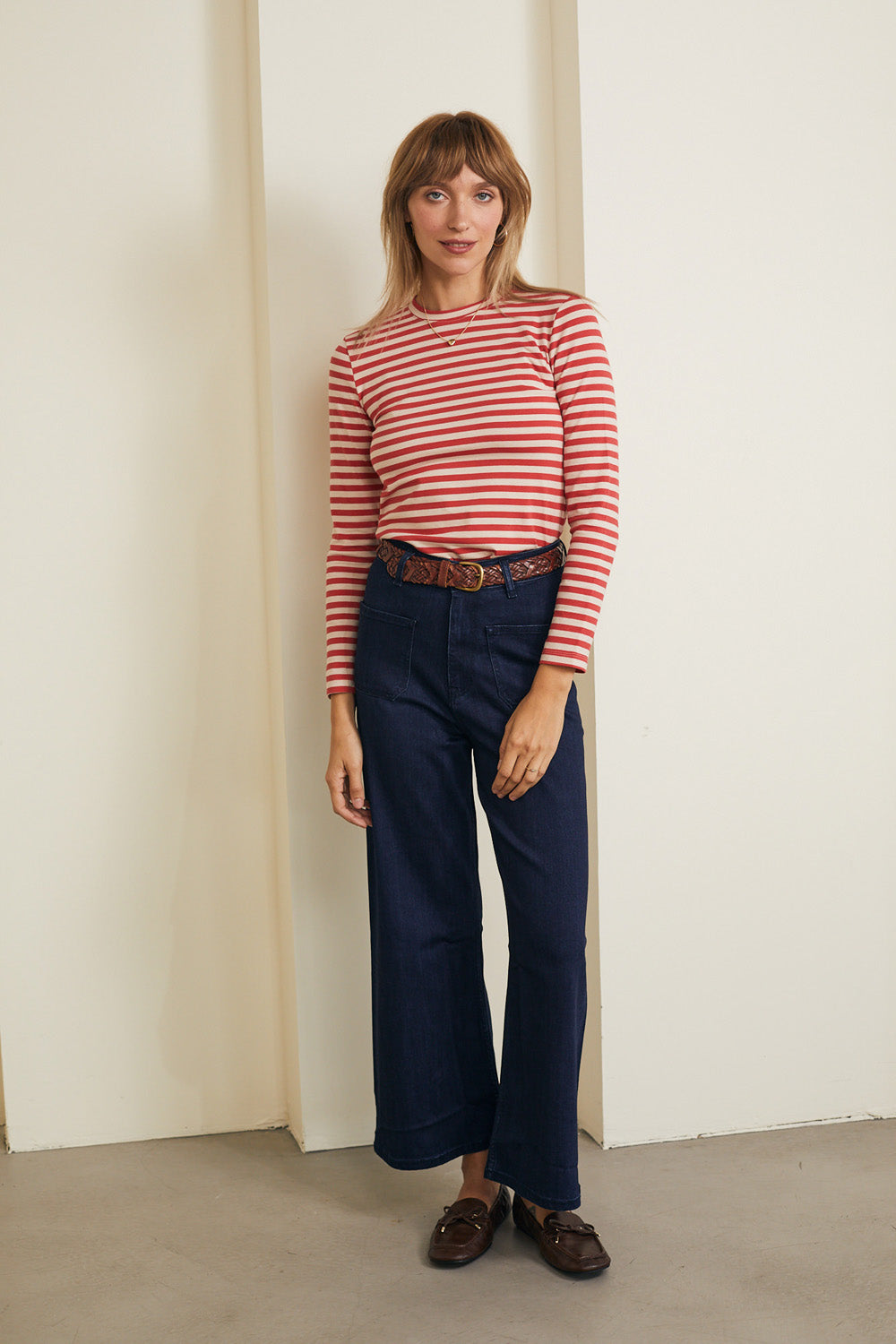 טי שירט סלין ארוכה פסים אדום בז׳ - JUL