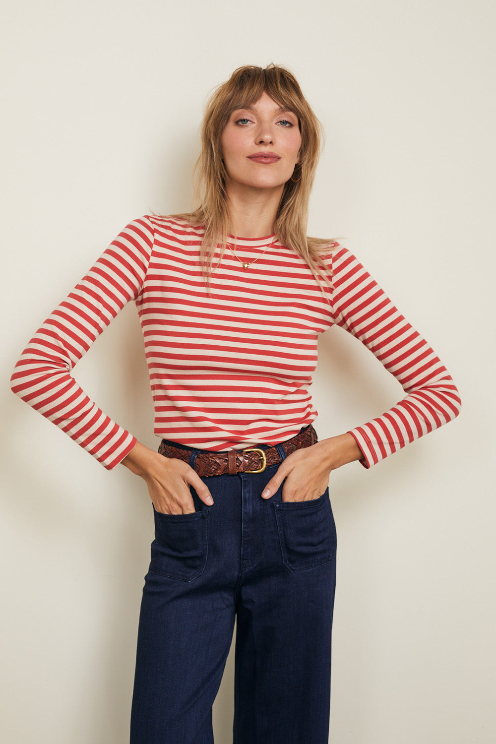 טי שירט סלין ארוכה פסים אדום בז׳ - JUL