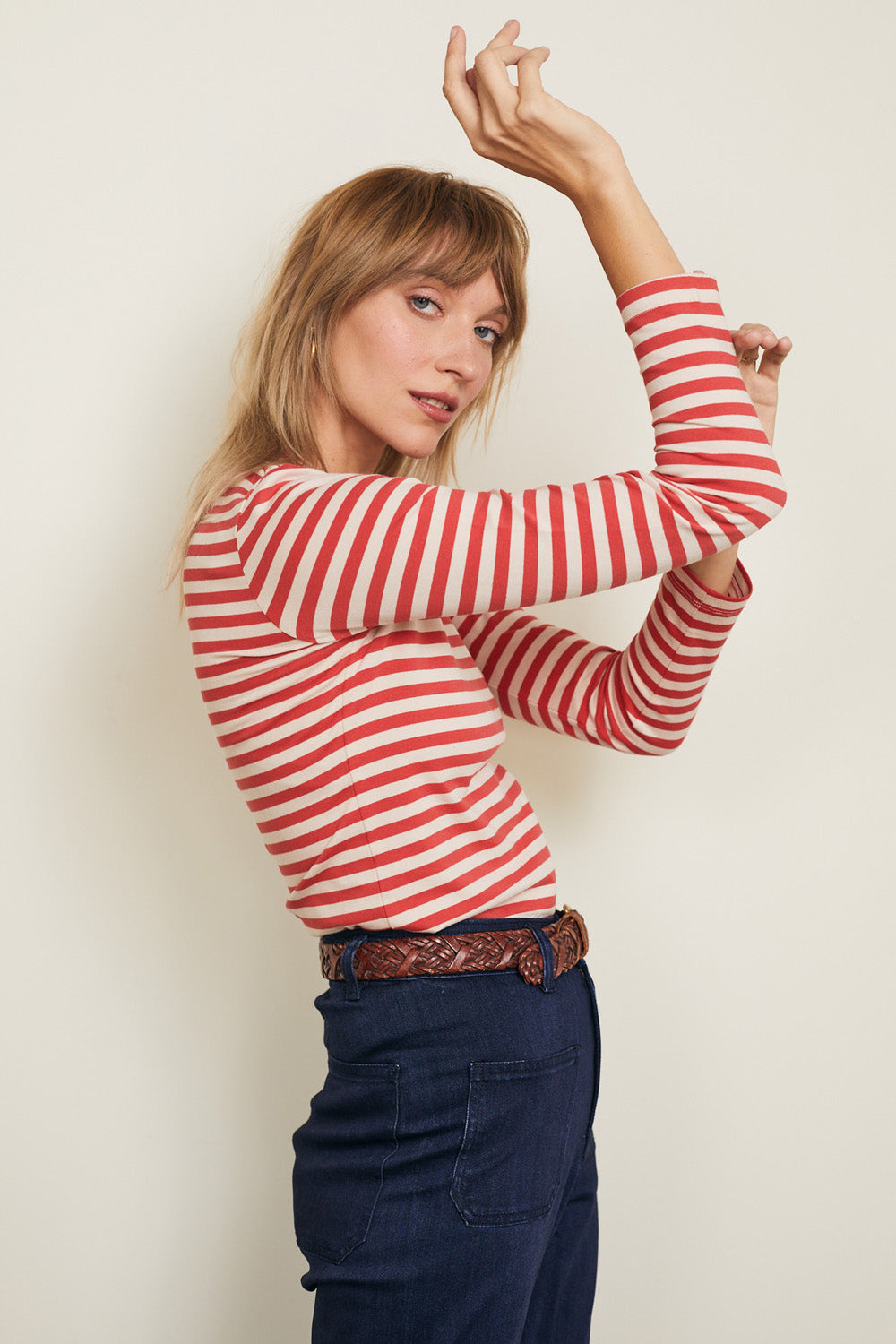 טי שירט סלין ארוכה פסים אדום בז׳