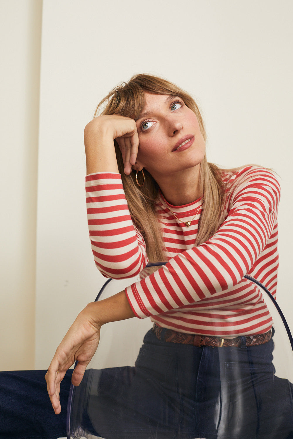 טי שירט סלין ארוכה פסים אדום בז׳