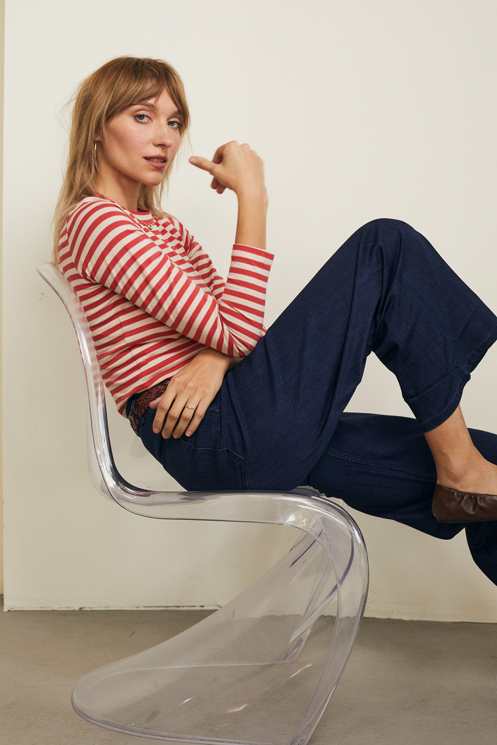 טי שירט סלין ארוכה פסים אדום בז׳ - JUL