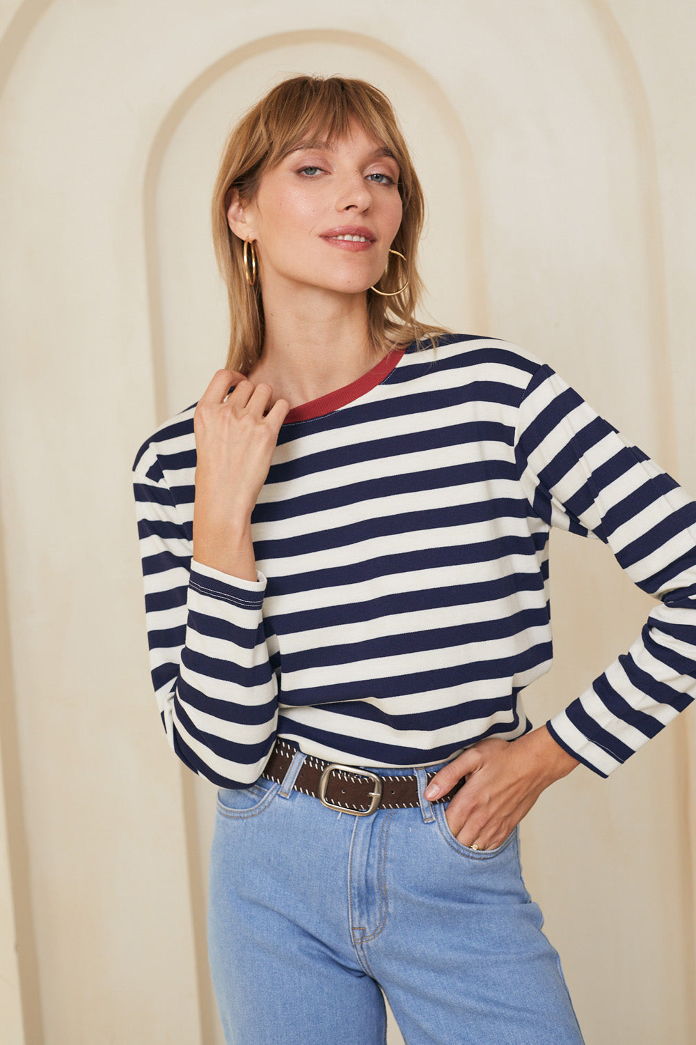 טי מושלמת ארוכה פסים נייבי / בורדו