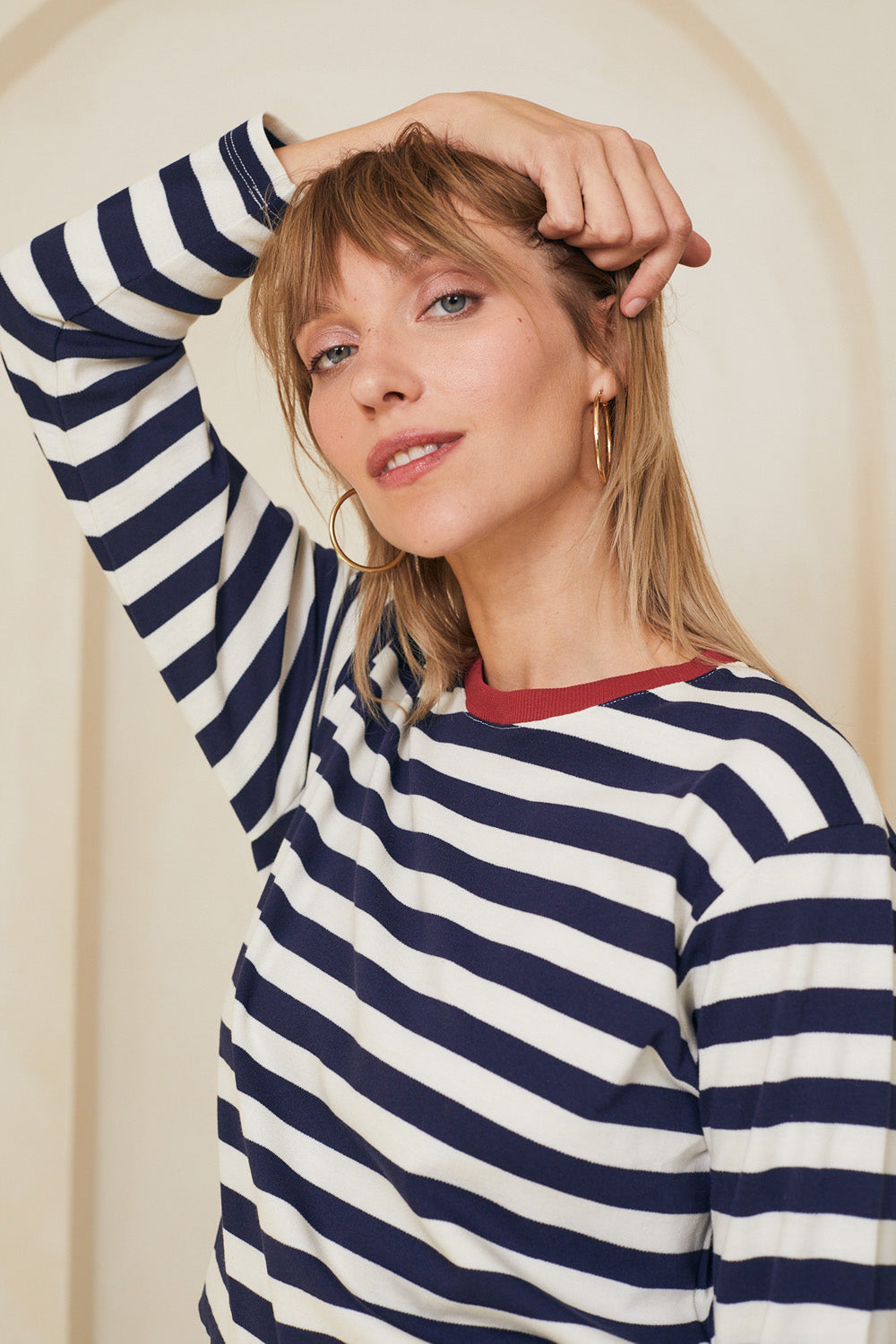 טי מושלמת ארוכה פסים נייבי / בורדו