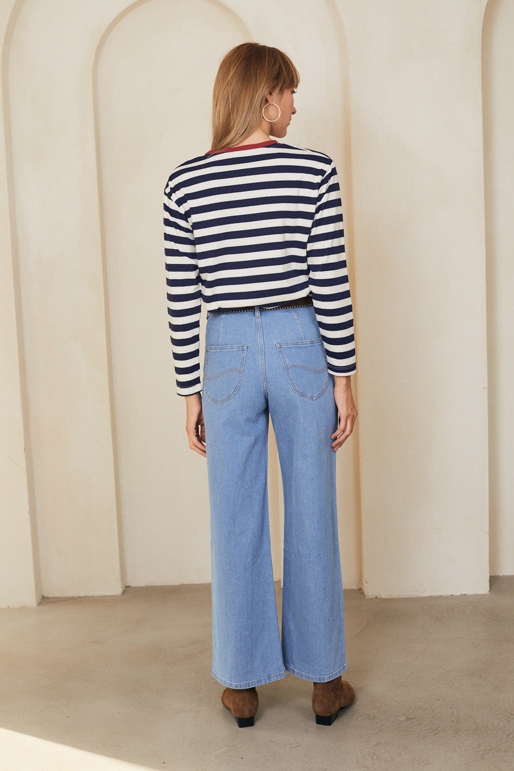 טי מושלמת ארוכה פסים נייבי / בורדו