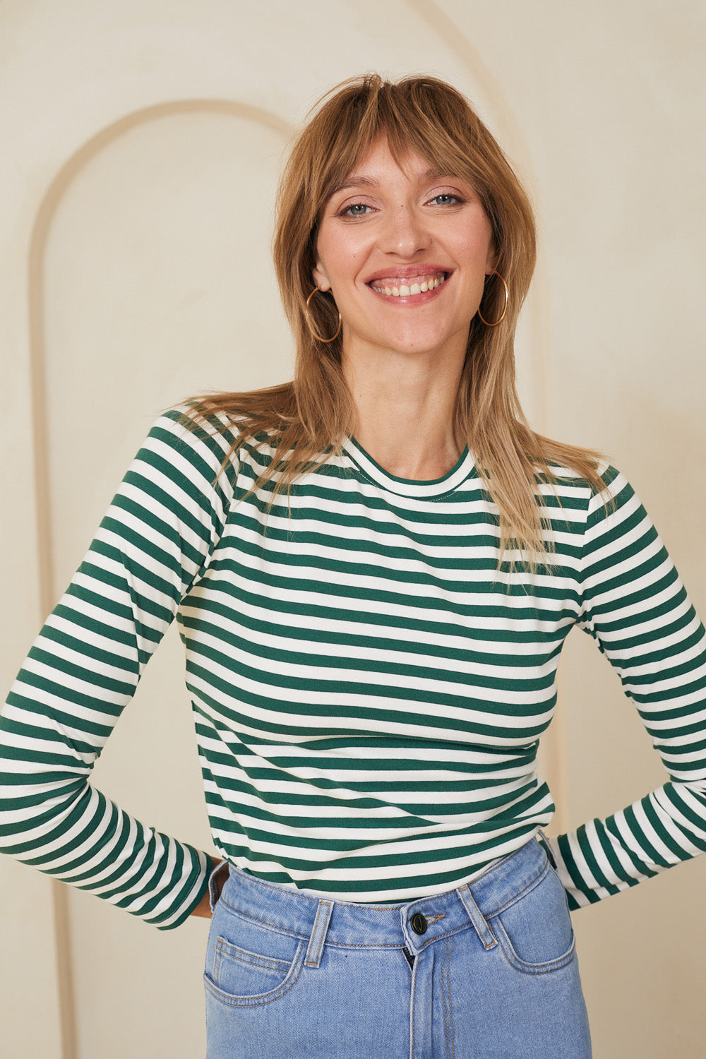 טי שירט סלין ארוכה פסים ירוק לבן