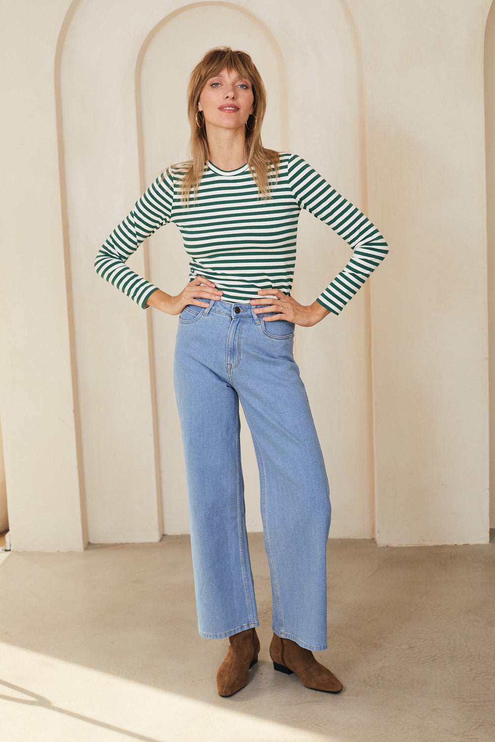 טי שירט סלין ארוכה פסים ירוק לבן