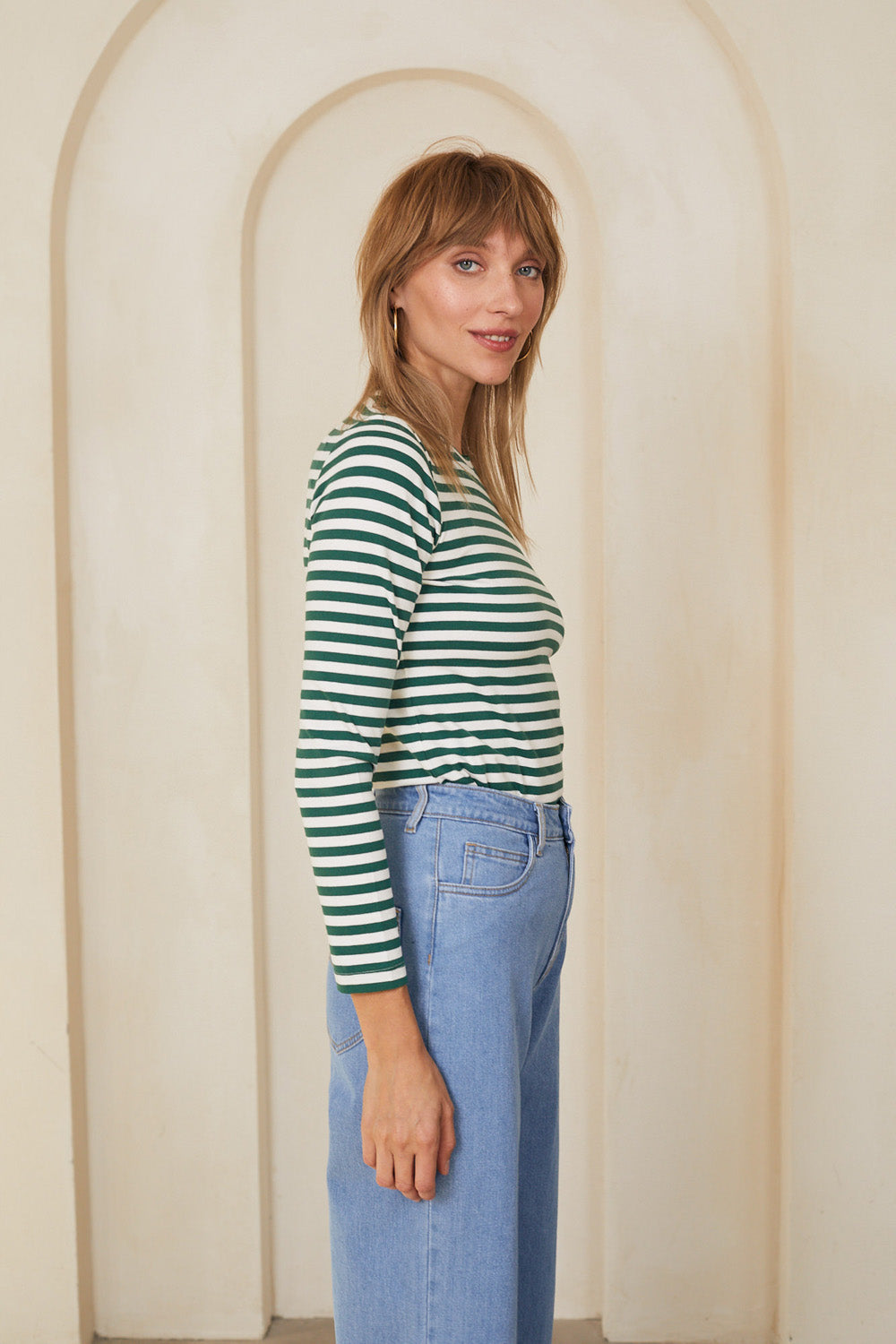 טי שירט סלין ארוכה פסים ירוק לבן