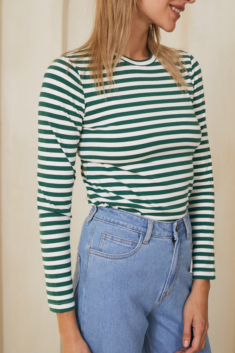 טי שירט סלין ארוכה פסים ירוק לבן