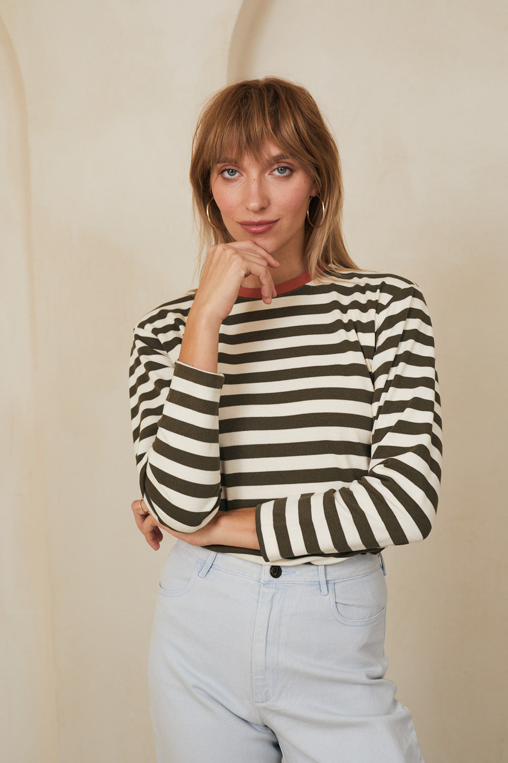 טי מושלמת ארוכה פסים זית / כתום