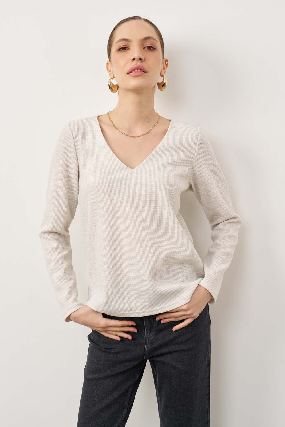 חולצת ורוניקה ארוכה וופל צבע אבן