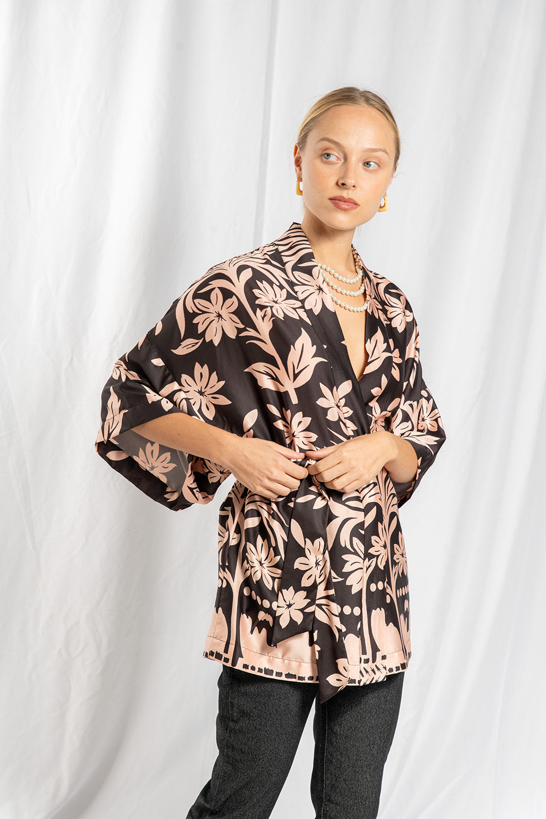 Printed satin tie kimono 