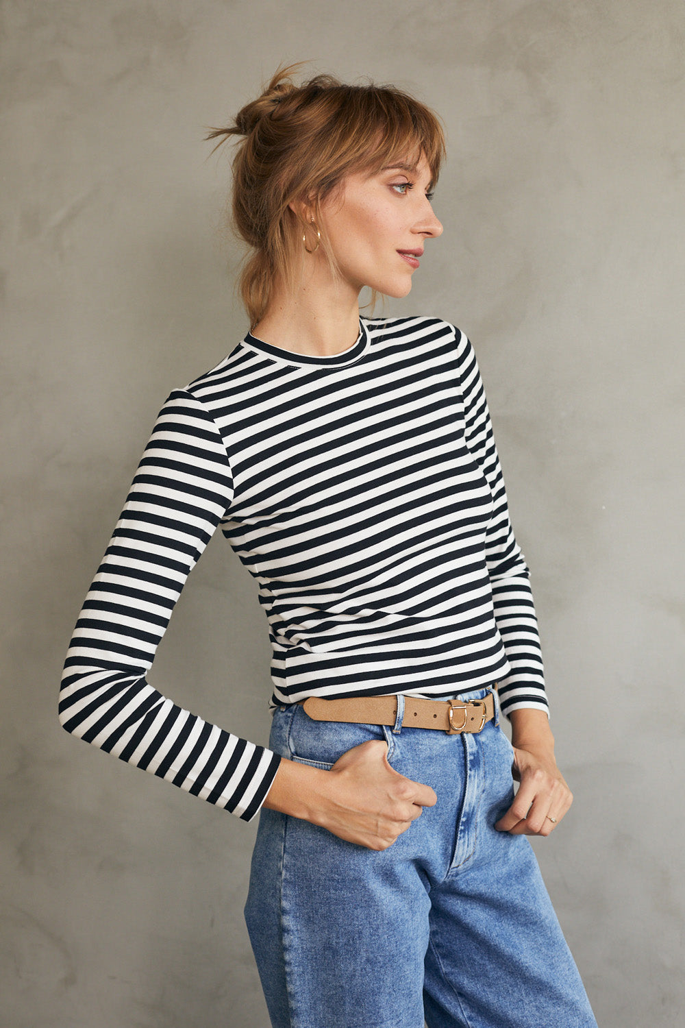 טי שירט סלין ארוכה פסים שחור לבן