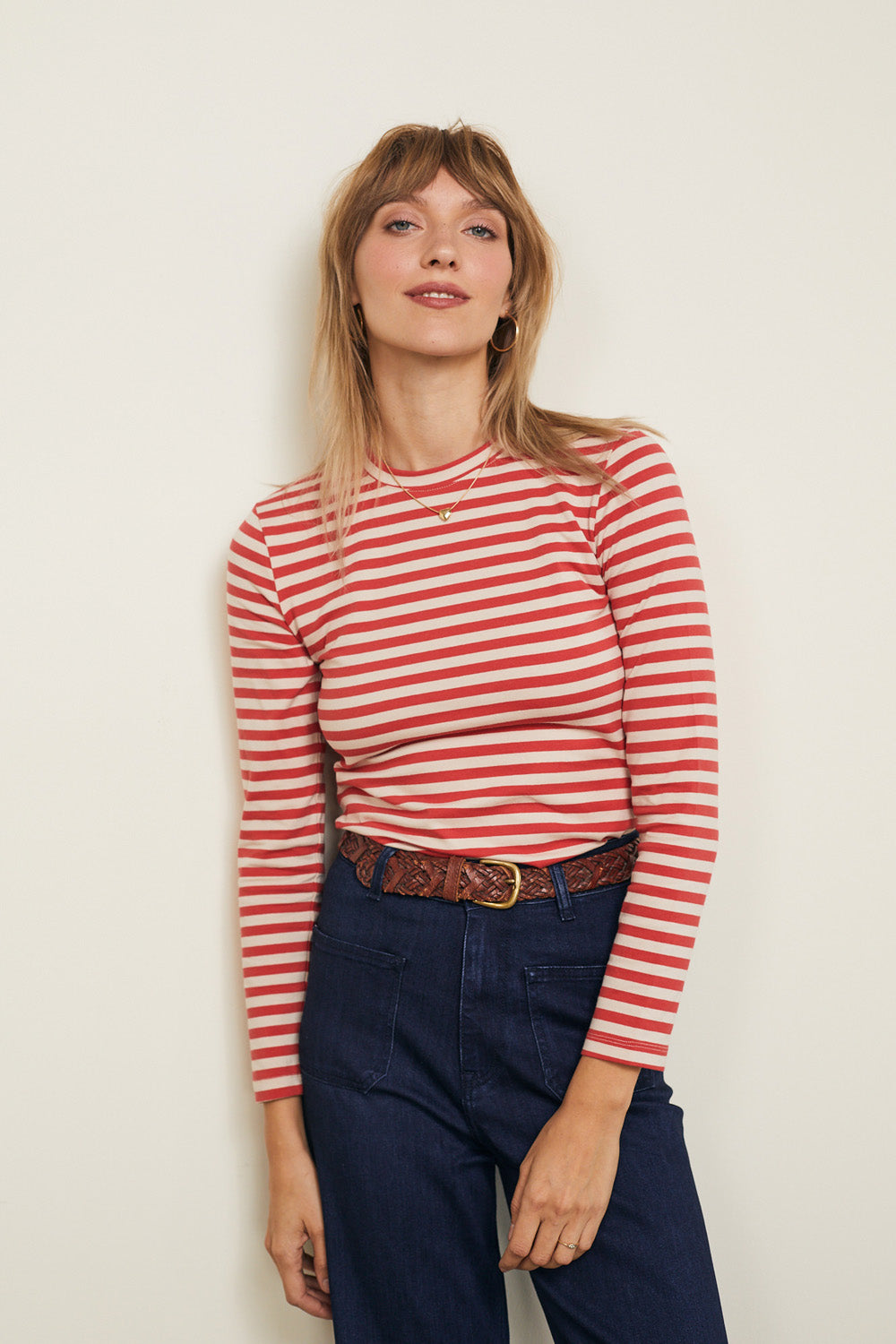 טי שירט סלין ארוכה פסים אדום בז׳