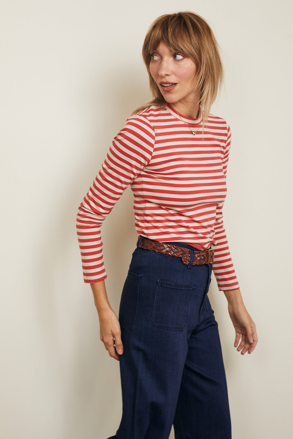 טי שירט סלין ארוכה פסים אדום בז׳