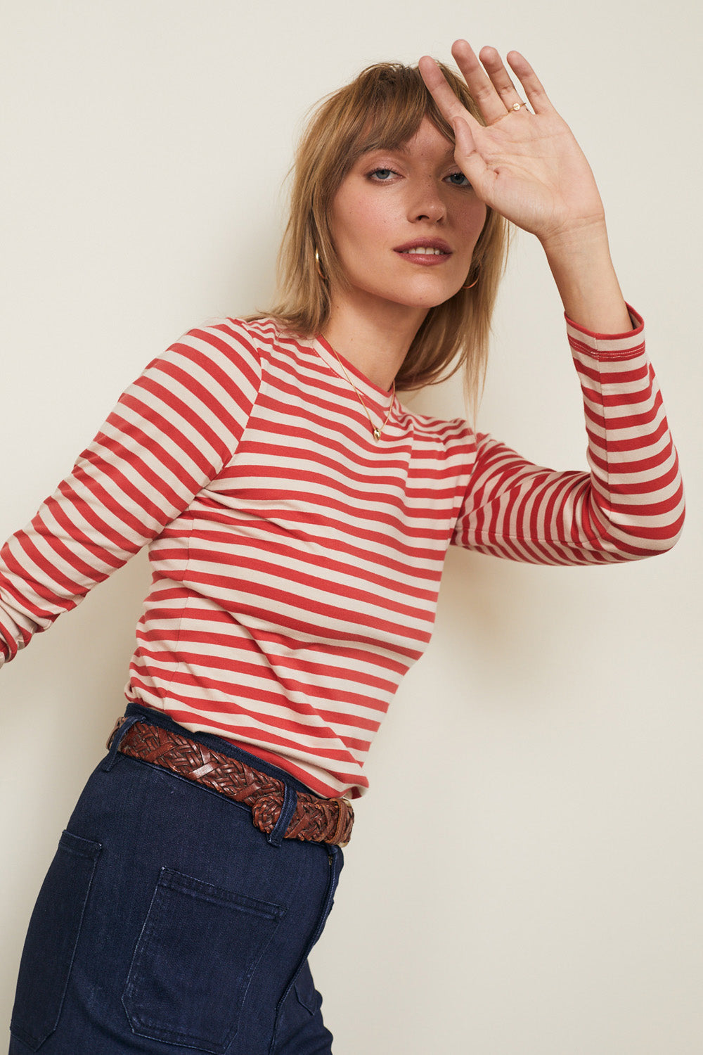 טי שירט סלין ארוכה פסים אדום בז׳