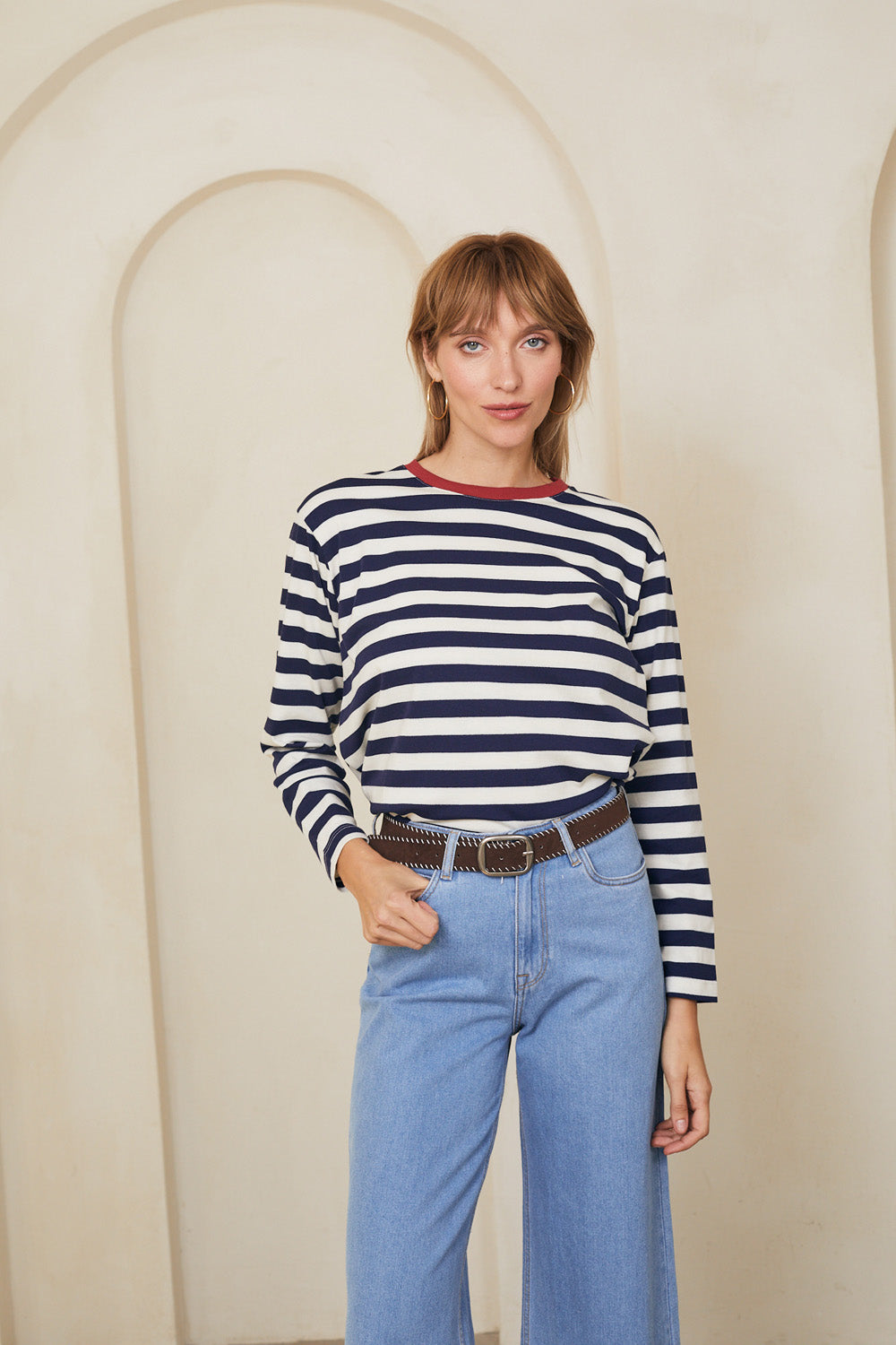 טי מושלמת ארוכה פסים נייבי / בורדו