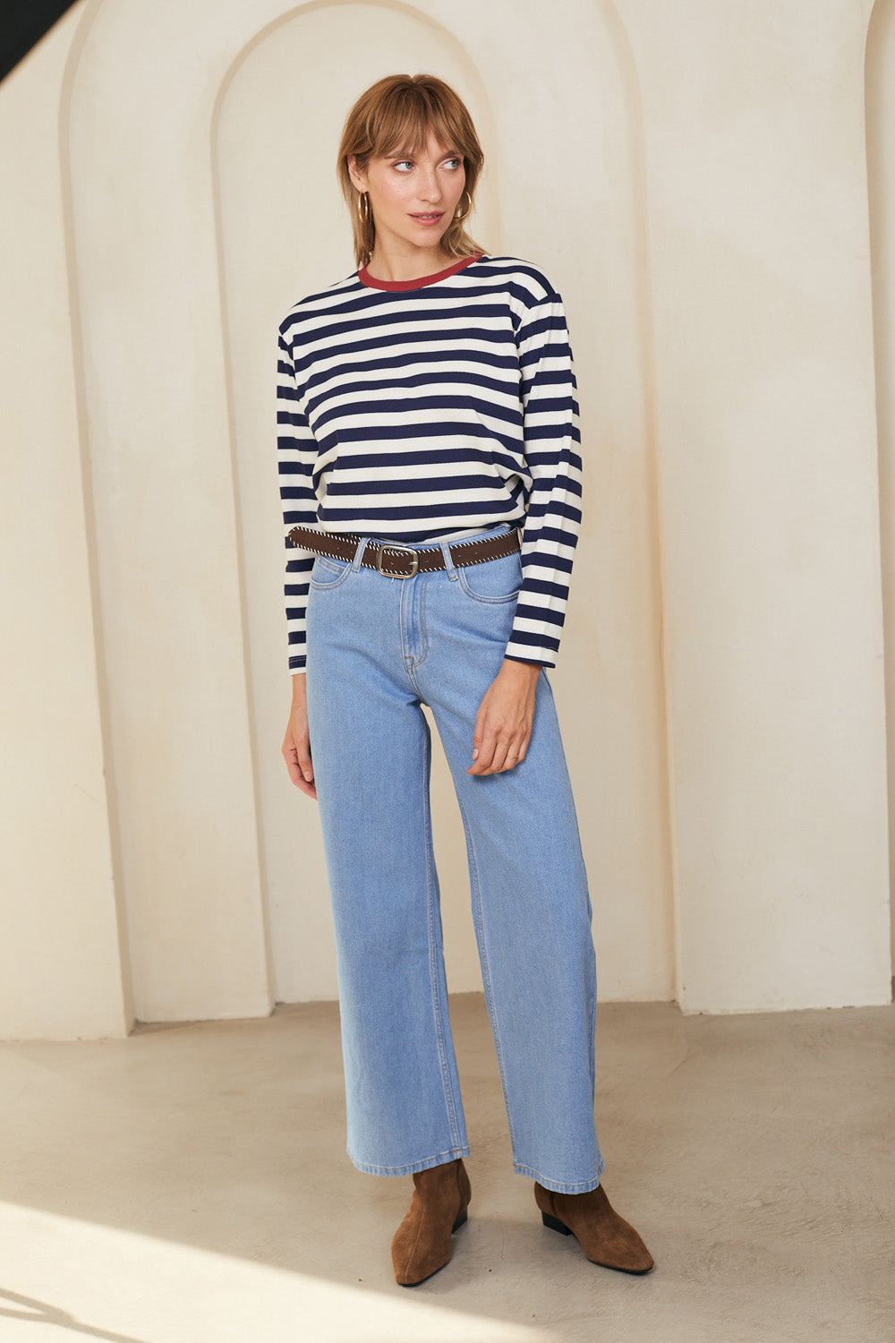 טי מושלמת ארוכה פסים נייבי / בורדו