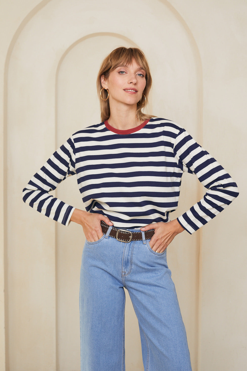 טי מושלמת ארוכה פסים נייבי / בורדו