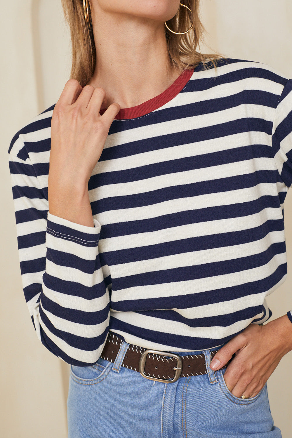 טי מושלמת ארוכה פסים נייבי / בורדו