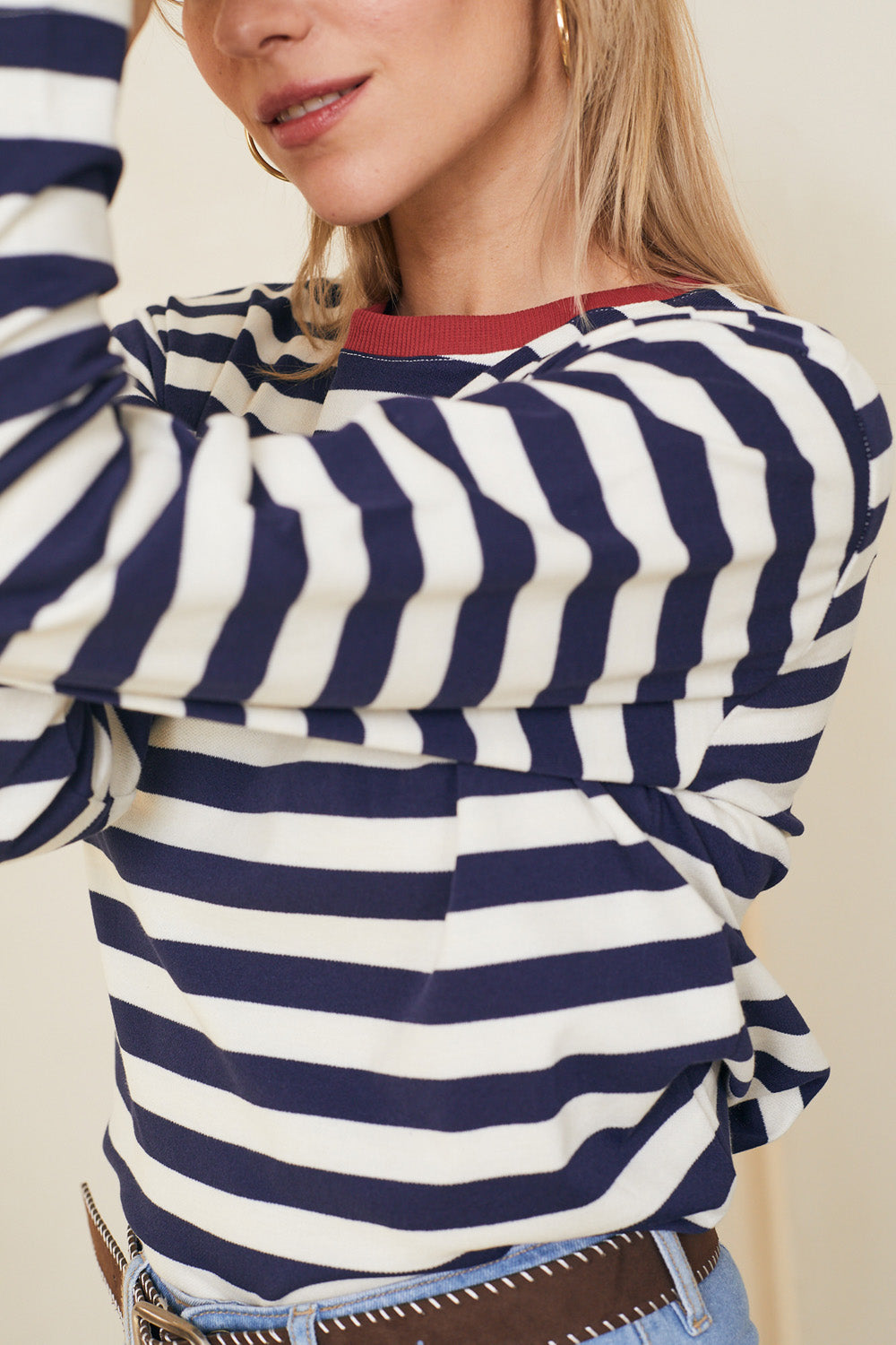 טי מושלמת ארוכה פסים נייבי / בורדו