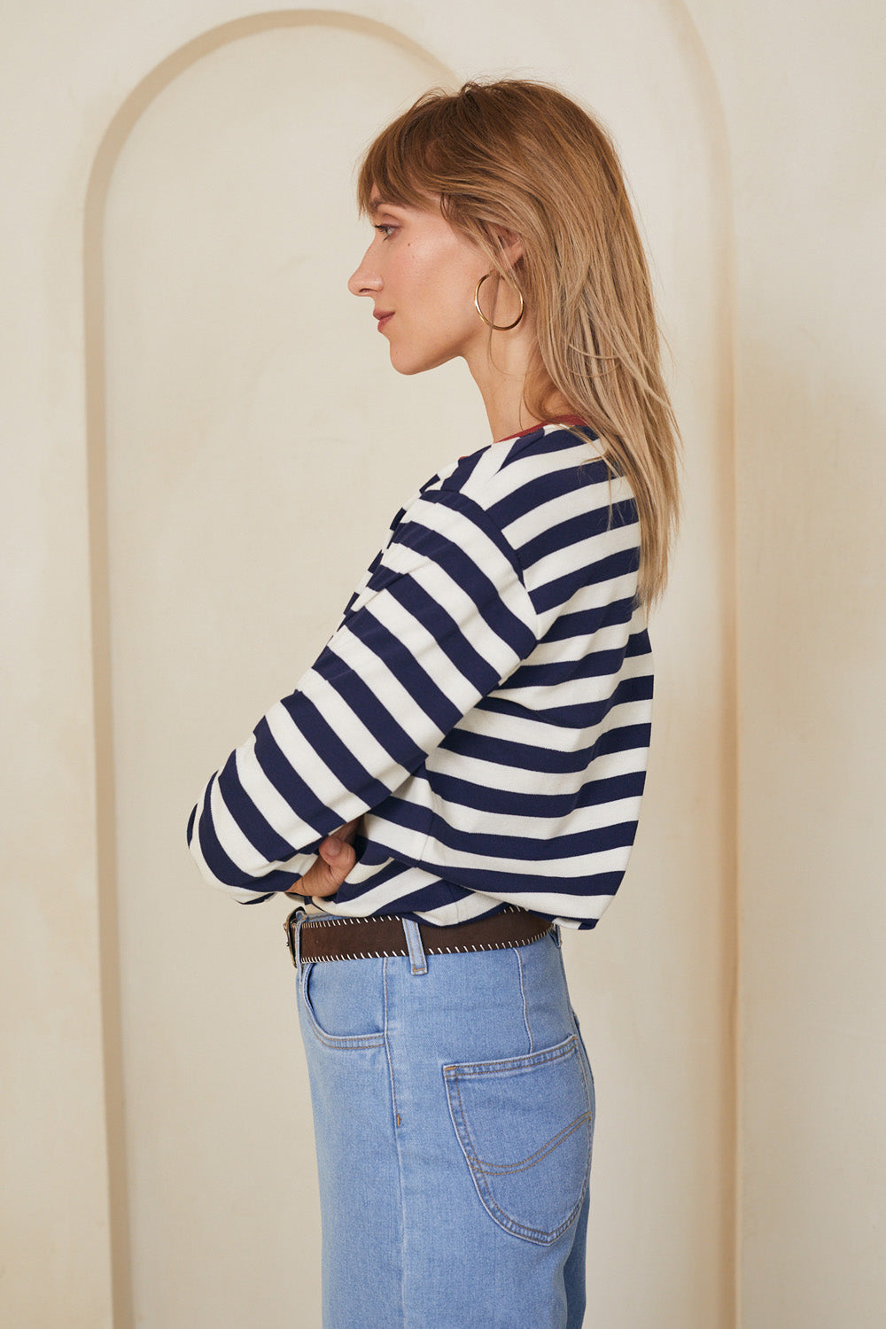 טי מושלמת ארוכה פסים נייבי / בורדו