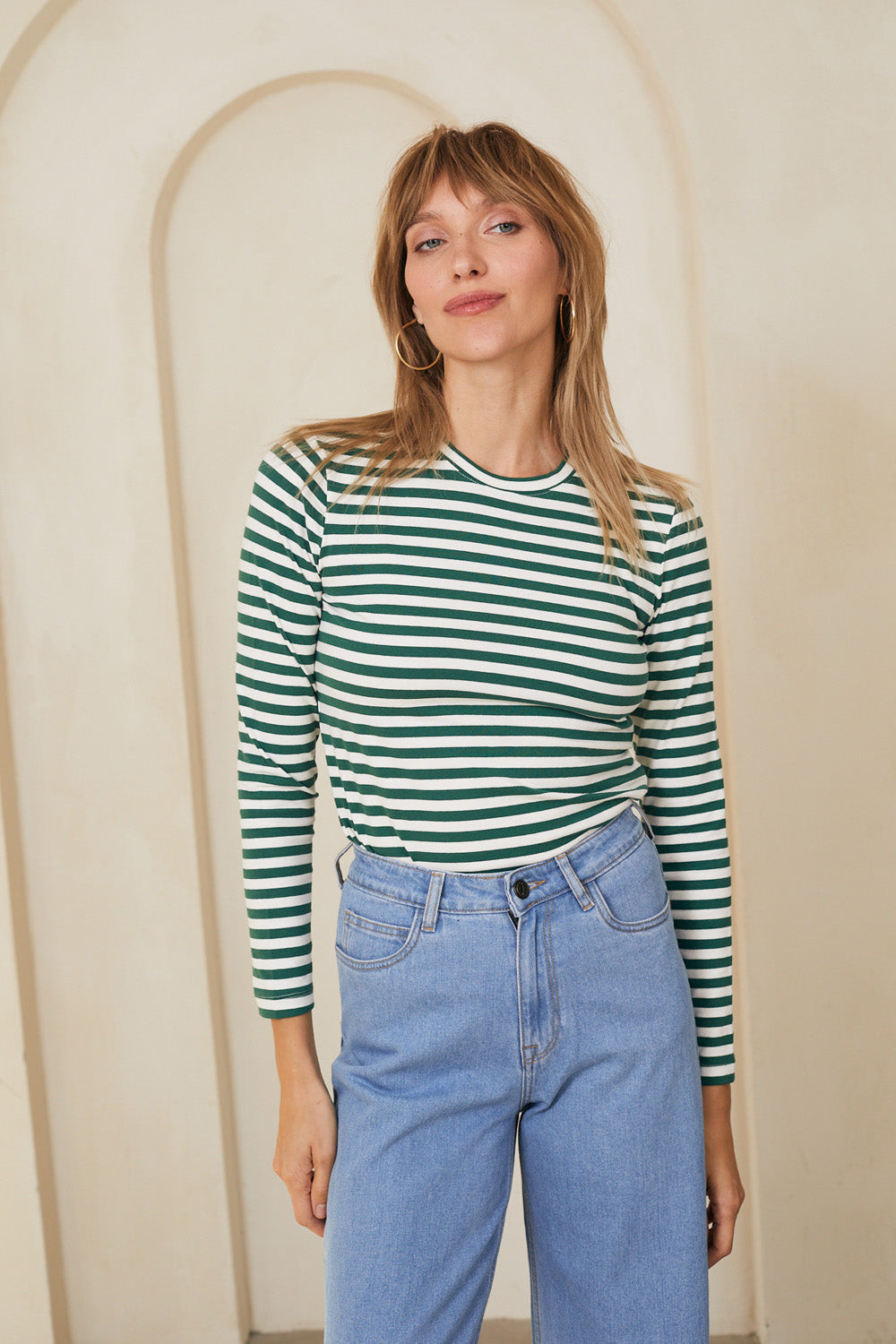 טי שירט סלין ארוכה פסים ירוק לבן