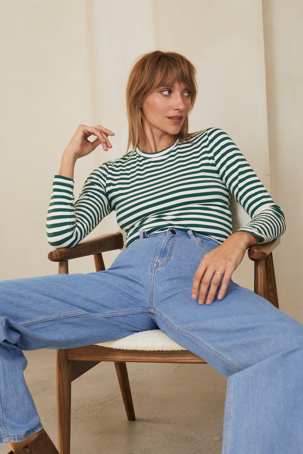 טי שירט סלין ארוכה פסים ירוק לבן