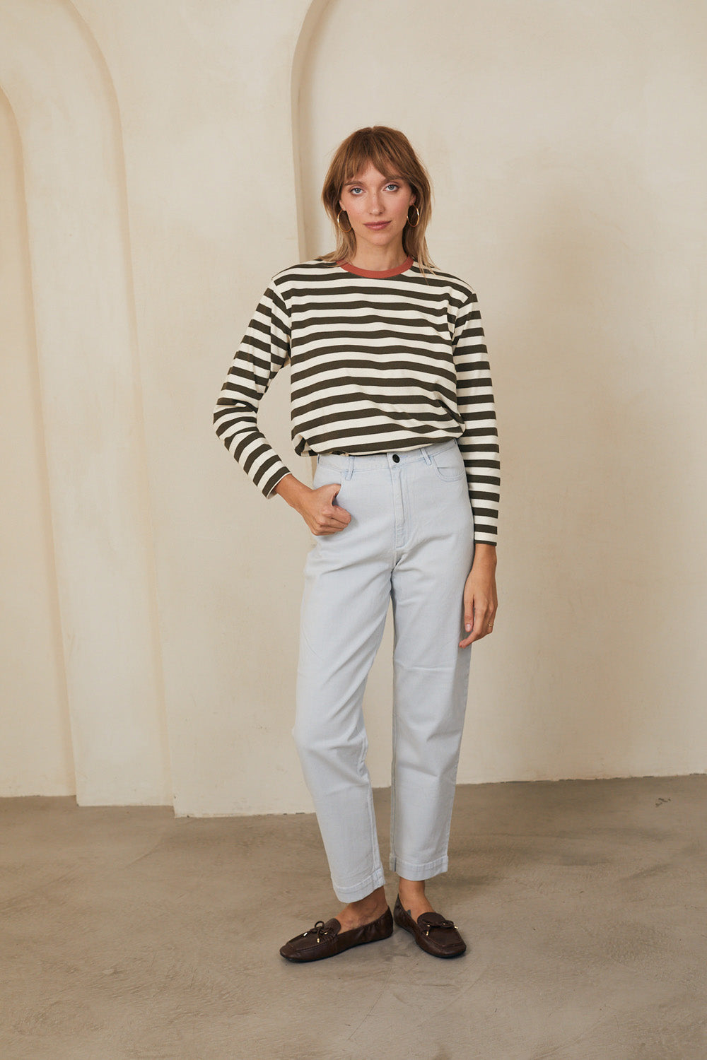 טי מושלמת ארוכה פסים זית / כתום