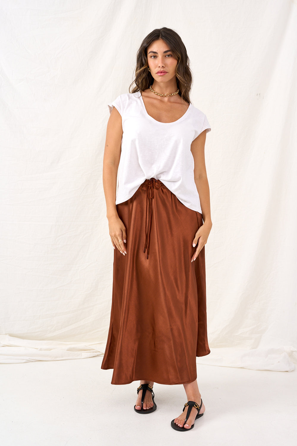 Copper satin denim skirt