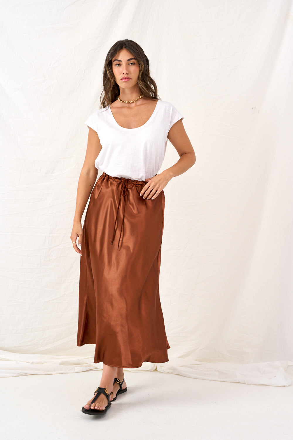 Copper satin denim skirt