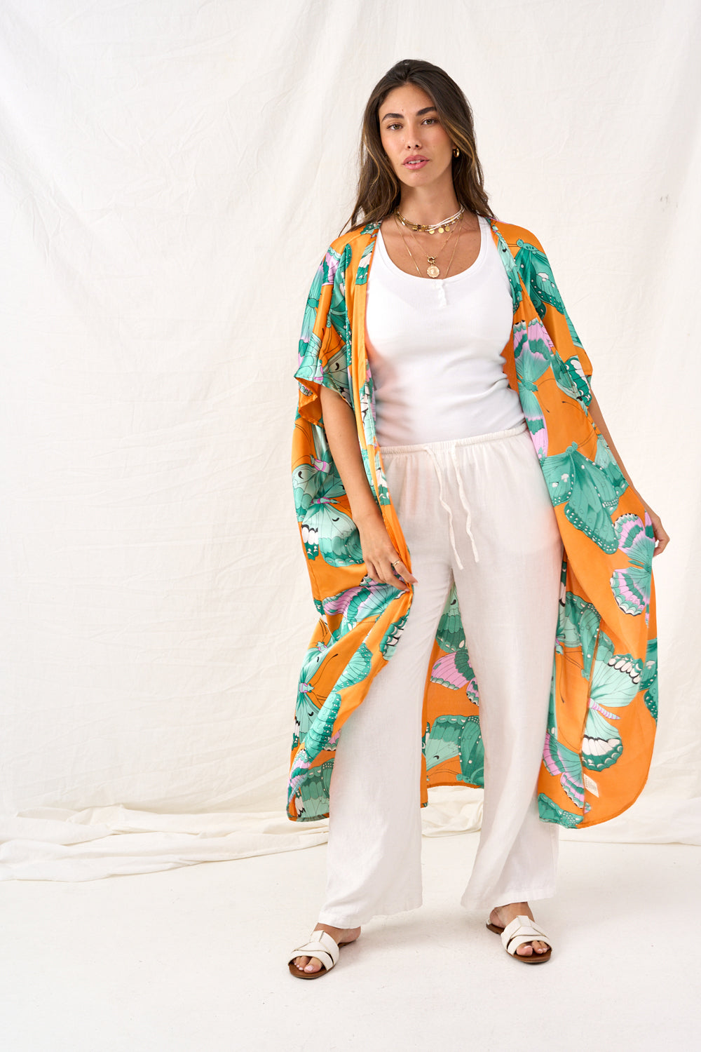 Tropical print satin tie kimono