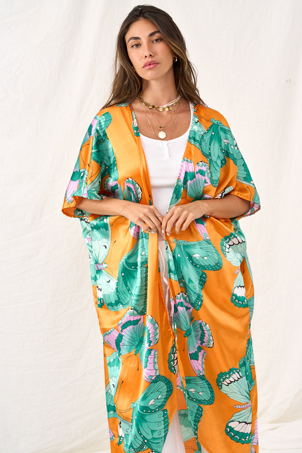 Tropical print satin tie kimono