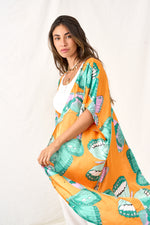 Tropical print satin tie kimono