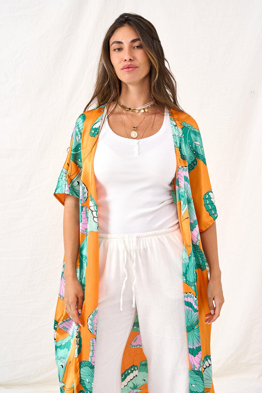 Tropical print satin tie kimono