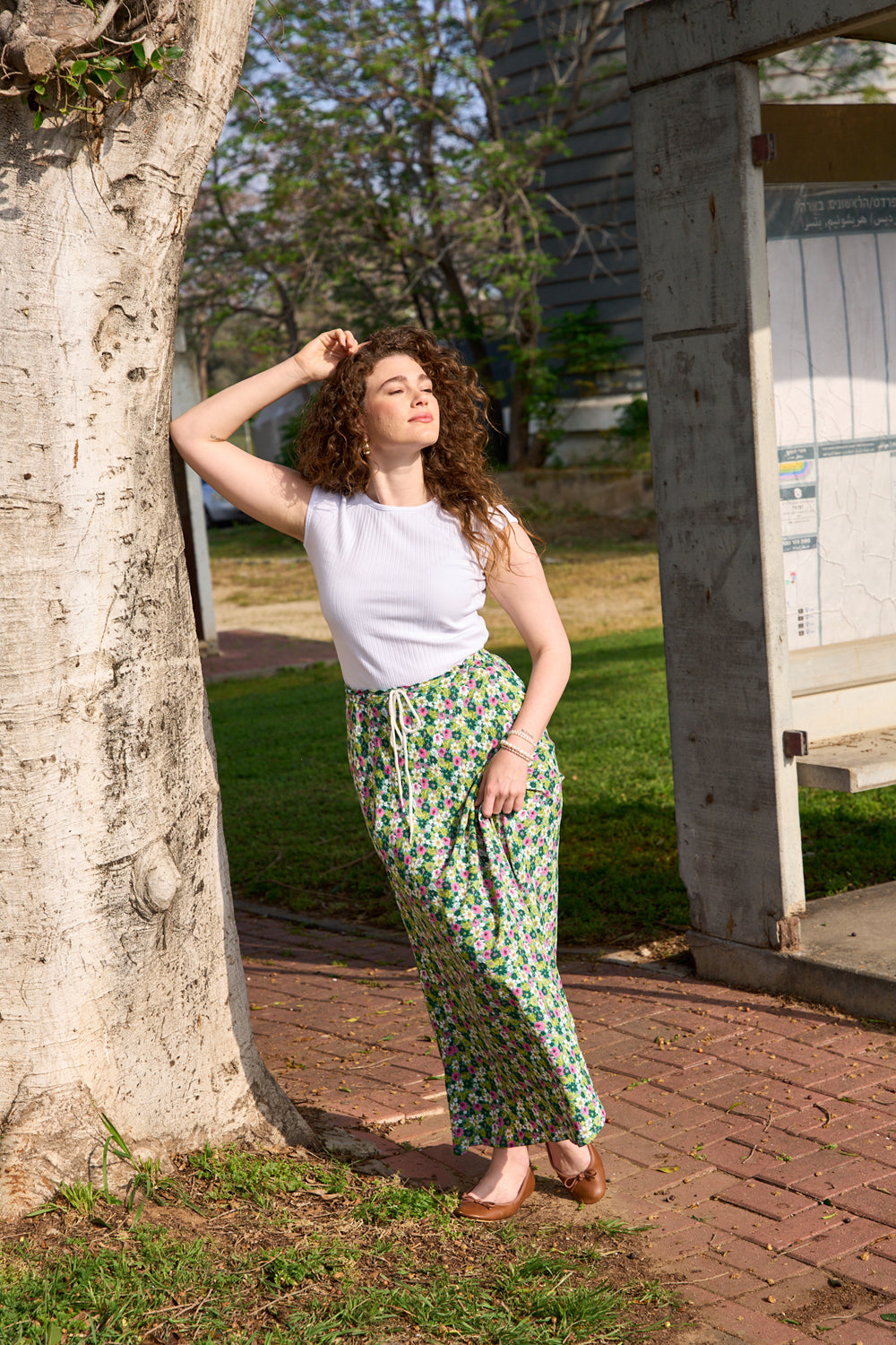 Floral green denim skirt