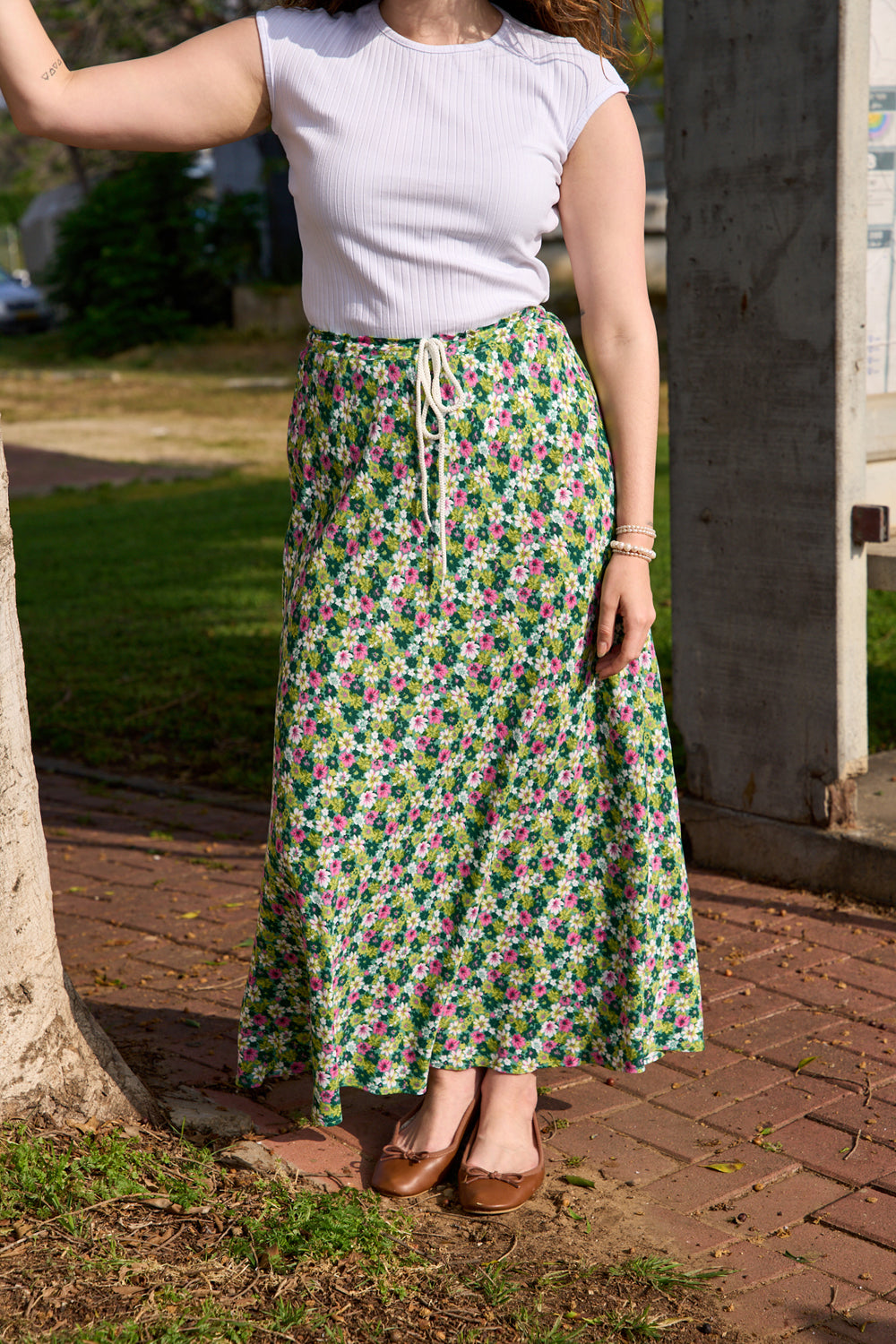 Floral green denim skirt