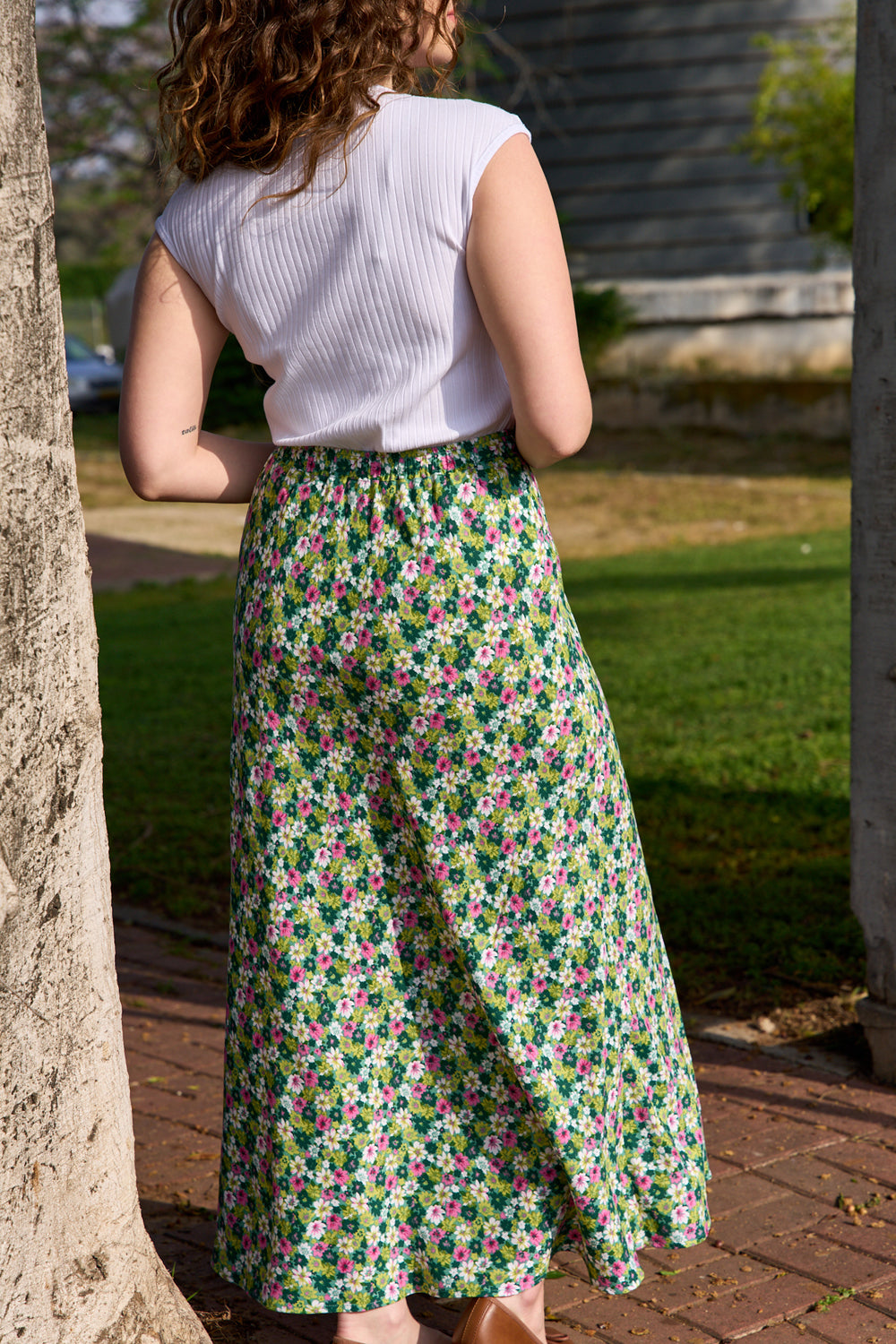 Floral green denim skirt